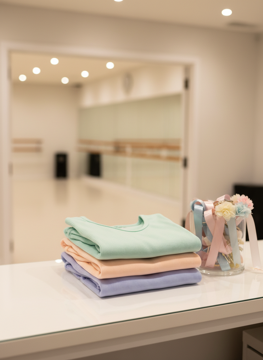 A stack of neatly folded leotards in cheerful pastel colors—mint green, soft peach, lavender, and sky blue—arranged on a clean white reception counter. Next to them sits a transparent container filled with satin hair ribbons and tiny faux-flower hair accessories. In the softly blurred background, a doorway reveals a glimpse of a mirrored studio and barre. Warm, even overhead lighting bathes the scene, creating gentle shadows that emphasize textures in the fabrics. The mood is welcoming and playful, suggesting preparation for children’s classical dance classes. Captured from a slightly elevated angle with a shallow depth of field, in bright, modern photographic realism.