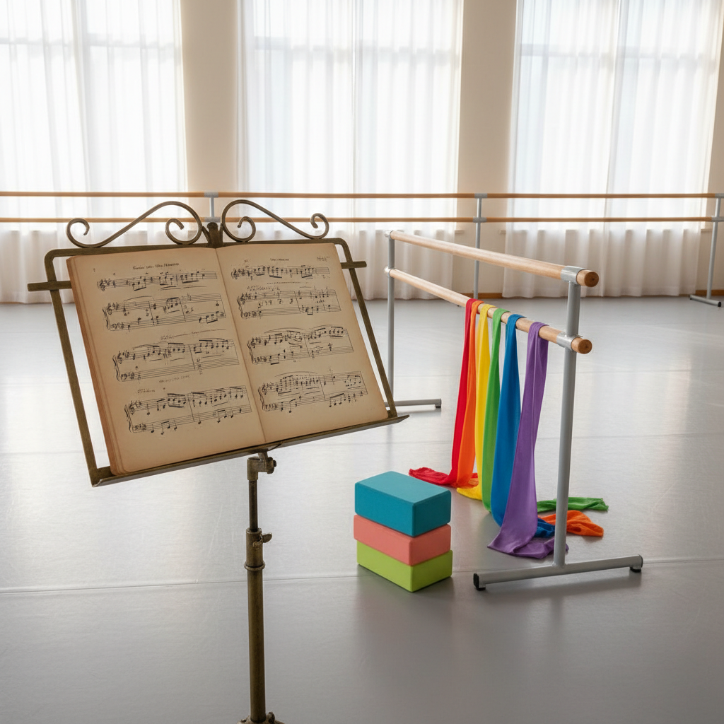 An open sheet music stand displaying a well-worn classical ballet score, positioned beside a portable wooden practice barre in a spacious studio. Colorful fabric ribbons and small, neatly stacked foam blocks add playful accents on the floor. Large windows let in soft, diffused morning light that spreads evenly across the smooth, pale gray marley flooring. The atmosphere feels welcoming and educational, suggesting structured yet joyful learning. Photographed from a slightly elevated angle with sharp focus throughout, the composition balances the music stand in the foreground and the barre receding into the distance, in vibrant, realistic style ideal for an école de danse website.