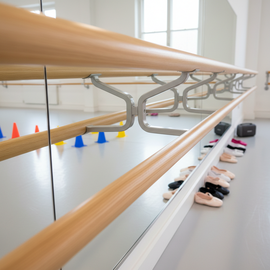 A close-up of a polished wooden ballet barre mounted on a pristine white wall, with evenly spaced metallic brackets reflecting a subtle sheen. In the mirror’s reflection, colorful practice cones, a portable speaker, and a neat row of ballet slippers arranged along the edge of the room create a playful backdrop. Soft overhead studio lighting mixes with gentle natural light from side windows, casting mild, inviting shadows along the wall. The mood is energetic and optimistic, emphasizing readiness for a children’s classical dance class. Captured from a low, slightly angled perspective along the barre, using shallow depth of field to guide the eye, in bright photographic realism.