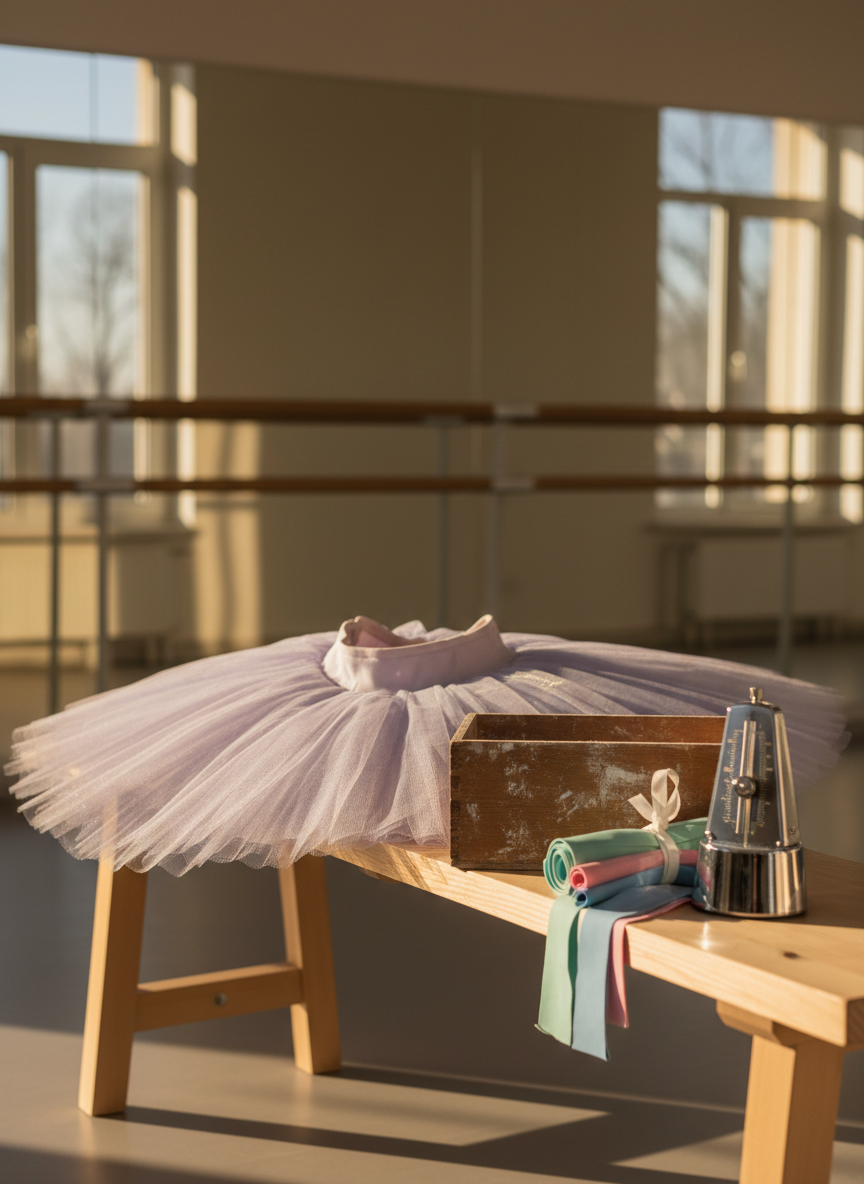 A row of ballet props arranged with whimsical order on a light wooden studio bench: a delicate fabric tutu in pale lilac, a well-used rosin box, pastel-colored stretch bands, and a small, silver metronome with its pendulum mid-swing.